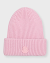 Moncler Wool Knit Beanie With Logo Patch In Medium Pink