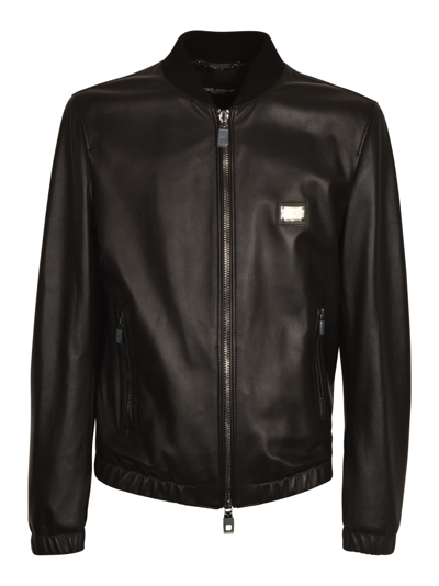 Dolce & Gabbana Logo-plaque Zip-up Bomber Jacket In Black