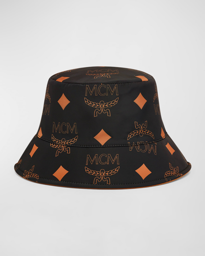 Mcm Reversible Monogram Bucket Hat In Recycled Polyester In Black + Cognac