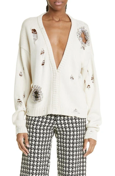 Area Distressed-effect Crystal-embellished Cardigan In Ivory