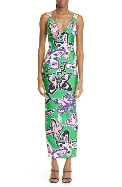 Area Crystal-embellished Butterfly Print Maxi Dress In Green