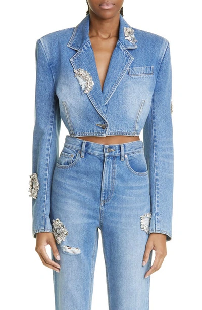 Area Embellished Cropped Denim Blazer In Blue