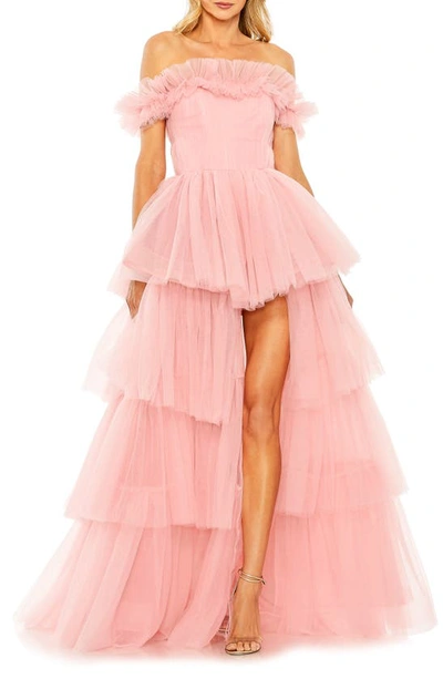 Mac Duggal Strapless High Low Tulle Gown In Pink