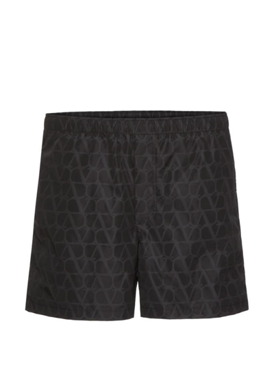 Valentino Garavani Black Swim Shorts In Toile Iconographe Man In Multicolor