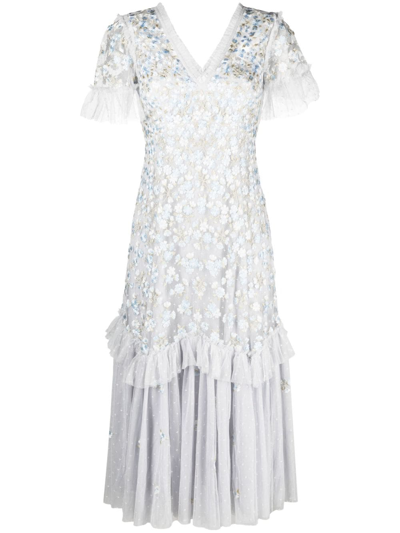 Needle & Thread Primrose Floral-embroidered Tulle Dress In Grey