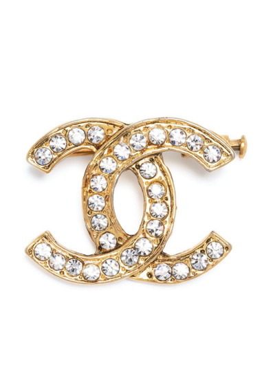 Pre-owned Chanel 1971-1980 Cc Crystal-embellished Brooch In Gold