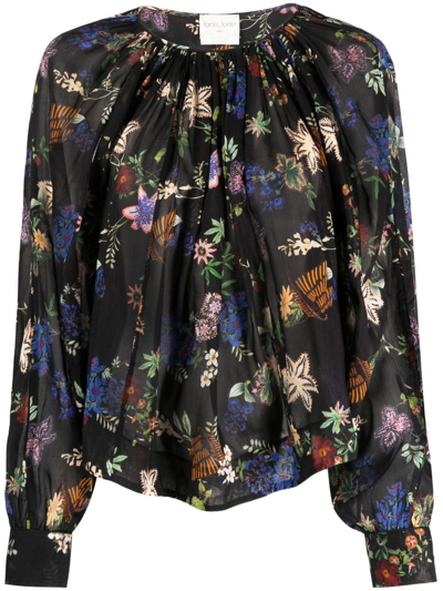 Forte Forte Floral-print Long-sleeved Blouse In Midnight,multicolor