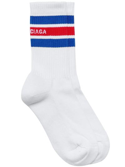 Balenciaga Striped Logo-print Crew Socks In 9069 White/light