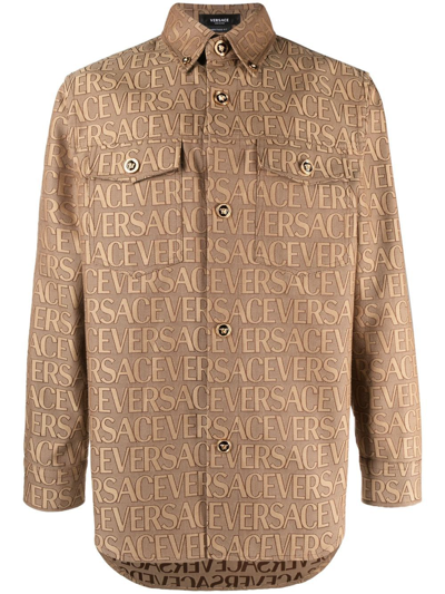 Versace Allover-jacquard Shirt In Brown