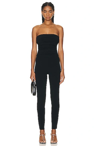 Khaite Tela Strapless Ruched Stretch-knit Jumpsuit In Black