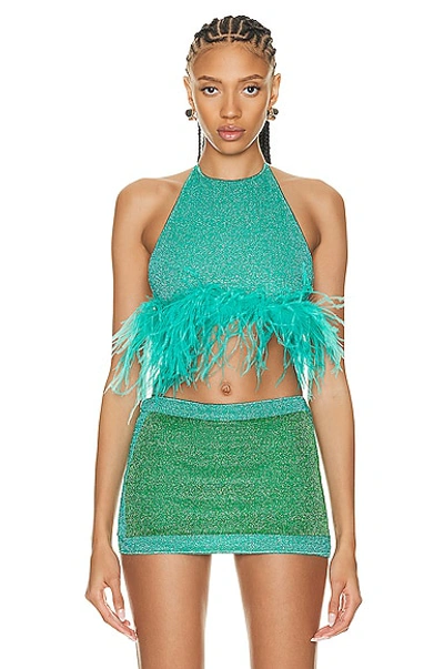 Oseree Lumière Cropped Feather-trimmed Metallic Stretch-knit Halterneck Top In Blue