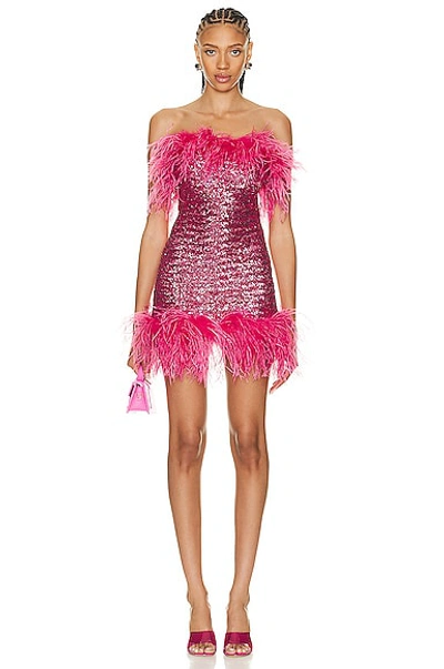 Oseree Feather-trimmed Sequined Minidress In Pink