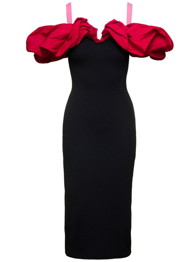 Alexander Mcqueen Knit Midi Dress With Colorblock Ruffle Detail In Black
