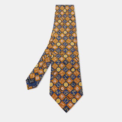 Pre-owned Gucci Blue/ochre Equestrian Print Silk Traditional Tie