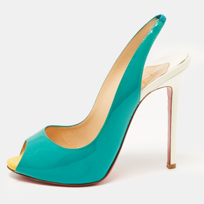 Pre-owned Christian Louboutin Green Patent Leather Peep Toe Slingback Pumps Size 38.5