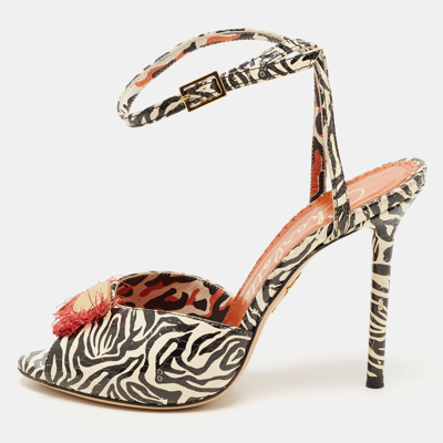 Pre-owned Charlotte Olympia Black/cream Zebra Print Leather Ankle Strap Sandals Size 36