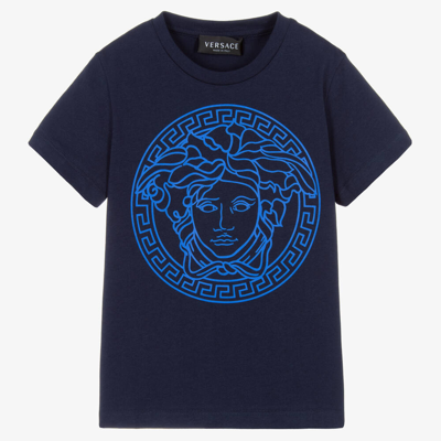 Versace Kids' Navy Blue Medusa Cotton Logo T-shirt