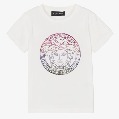 Versace Kids' Girls White Crystal Medusa Cotton T-shirt