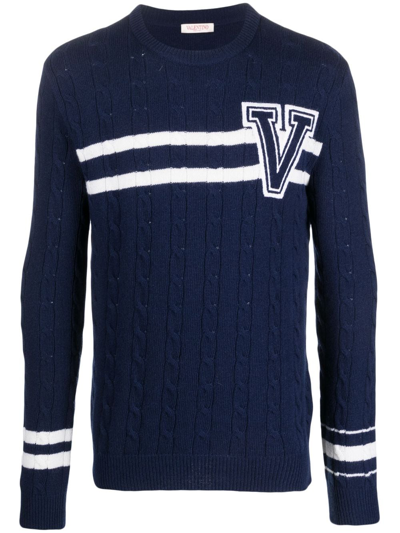 Valentino Embroidered-logo Striped Wool Jumper In Blau