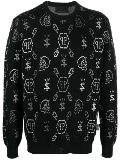 Philipp Plein Ls Jacquard Monogram Jumper In Schwarz