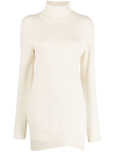 Jil Sander High Neck Long Sleeves Knit Jumper With Split At One Side In Neutrals