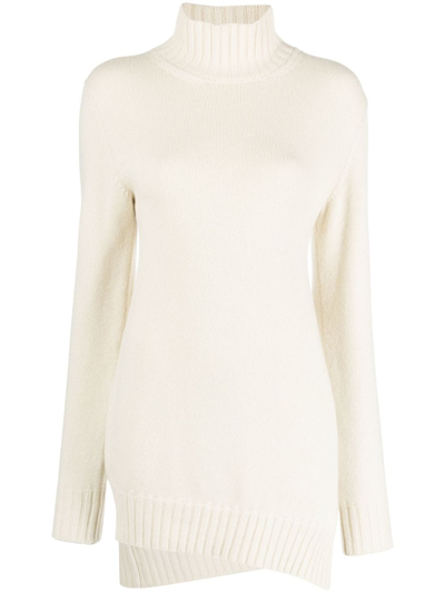 Jil Sander High Neck Long Sleeves Knit Jumper With Split At One Side In Beis