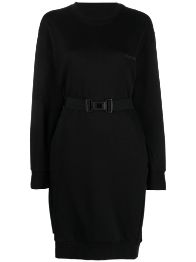 Moncler Logo-patch Belted Cotton Dress In Black