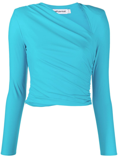 Self-portrait Ruched Stretch-jersey Top In Cyan