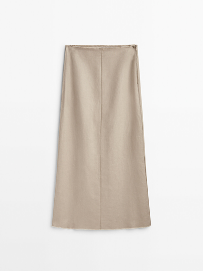 Massimo Dutti 100% Linen Midi Skirt With Seam Detail In