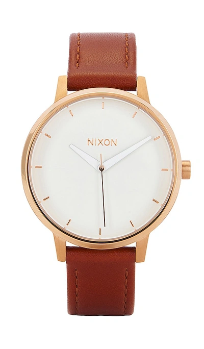 Nixon Kensington Leather Watch In Rose Gold & White