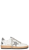 Golden Goose Ball Star Distressed Glittered Leather Sneakers In White & Silver