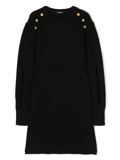 Balmain Kids' Rib-knit Buttoned Dress In Black