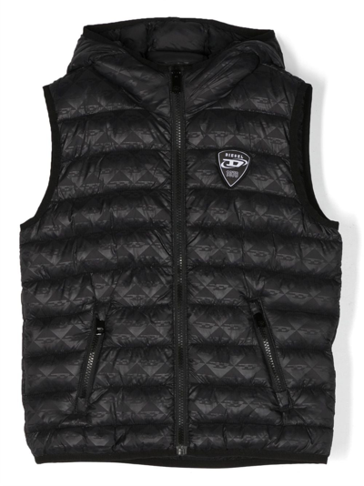 Diesel Kids' Jkop Logo-patch Quilted Gilet In Black