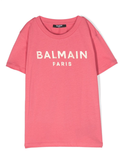 Balmain Kids' Logo印花棉t恤 In Red