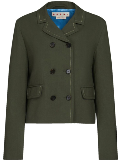 Marni Cropped Double-breasted Blazer With Visible Stitching In Green