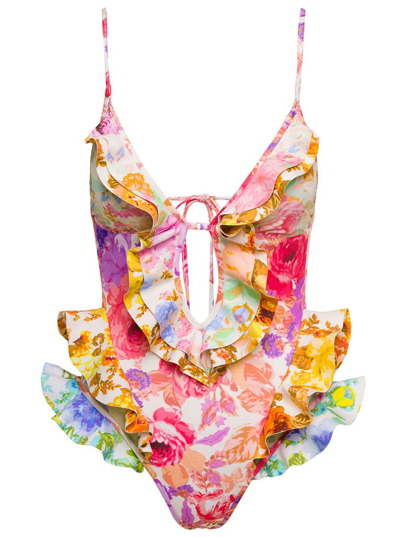 Zimmermann 'raje' Multicolor One-piece Swimsuit With Floreal Print And Frills In Stretch Polyamide Woman