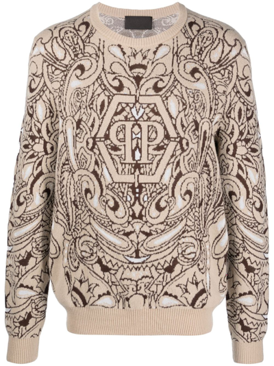 Philipp Plein Paisley-print Cashmere-silk Sweater In Neutrals