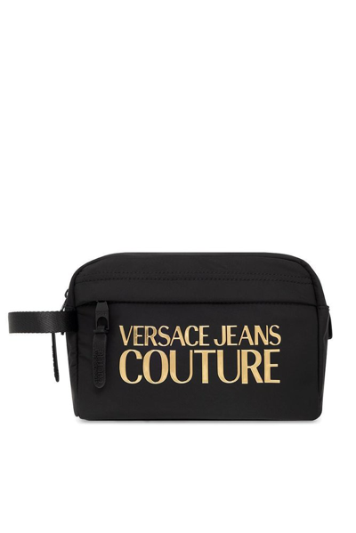 Versace Jeans Couture Logo Lettering Zipped Toiletry Bag In Black