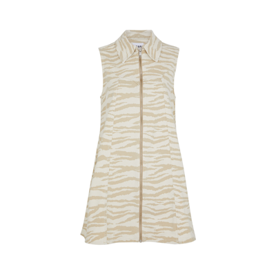 Ganni Zebra Print Denim Trapeze Shirtdress In Pale Khaki