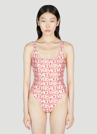 Versace Logo-print Open-back One-piece In Pink