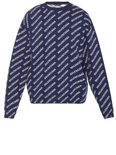 Balenciaga All-over Logo Cotton Blend Sweater In Navy