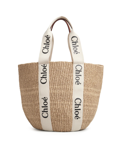 Chloé Large Panier Woody Femme Blanc Taille Onesize 100% Papier Textile, Cuir De Veau, Polyester In White