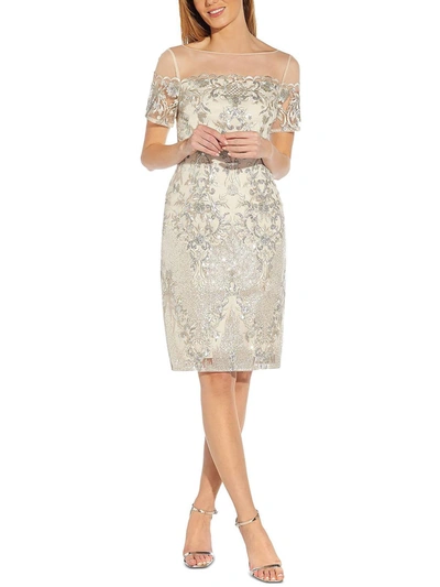 Adrianna Papell Womens Mesh Embroidered Cocktail And Party Dress In White