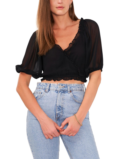 1.state Womens Fringed V-neck Pullover Top In Black