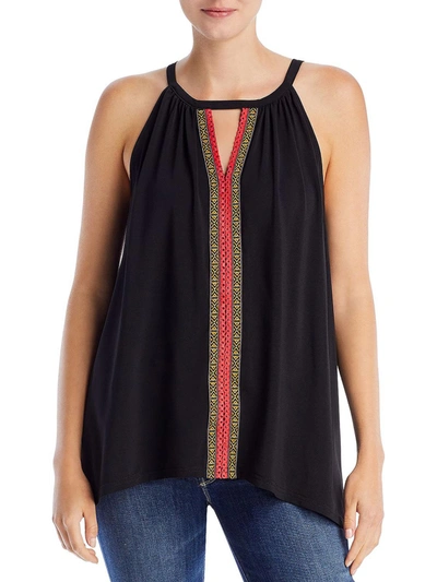 Single Thread Womens Embroidered V-neck Tank Top In Black