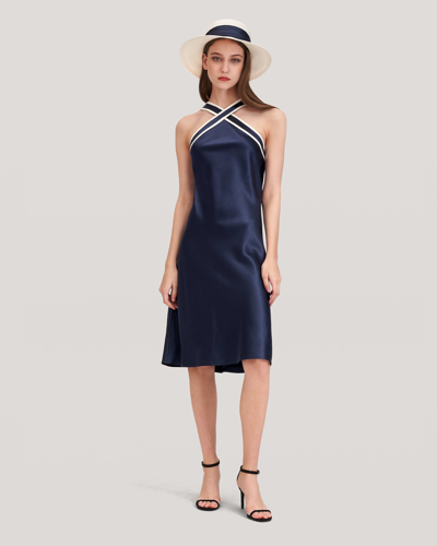 Lilysilk Glossy Camellia Silk Halter-neck Dress For Women In Navy Blue
