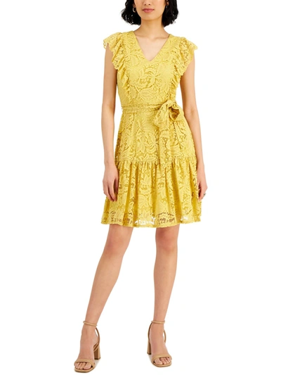 Taylor Petites Womens Daytime Lace Mini Dress In Yellow