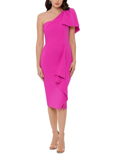 Betsy & Adam Short One Shoulder Bow Sleeve Ruffle Front Dress In Pink