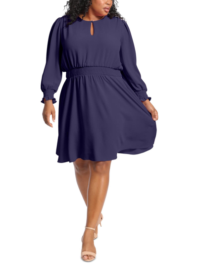 London Times Plus Womens Smocked Knee Fit & Flare Dress In Blue