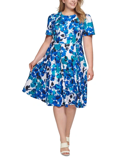 Calvin Klein Plus Womens Cocktail Midi Fit & Flare Dress In Blue